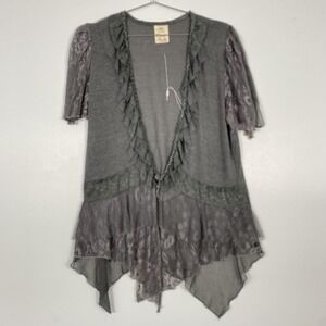 Pretty Angel Cardigan Womens XL Gray Linen Blend Lace Ruffle Sheer Tunic Boho